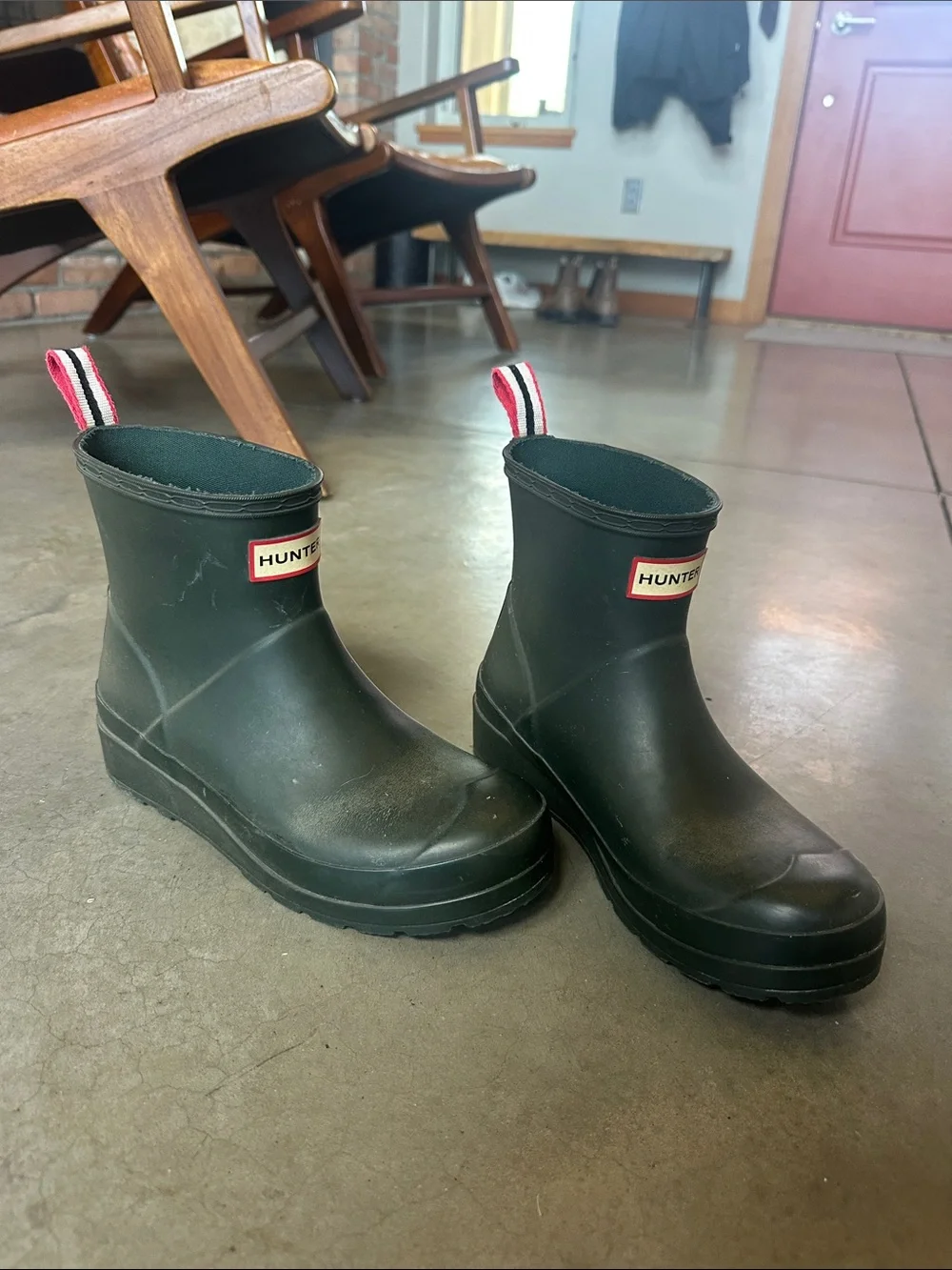 Hunter Boots - Dark Green Short Waterproof Rain Boots with Striped Pull Tabs